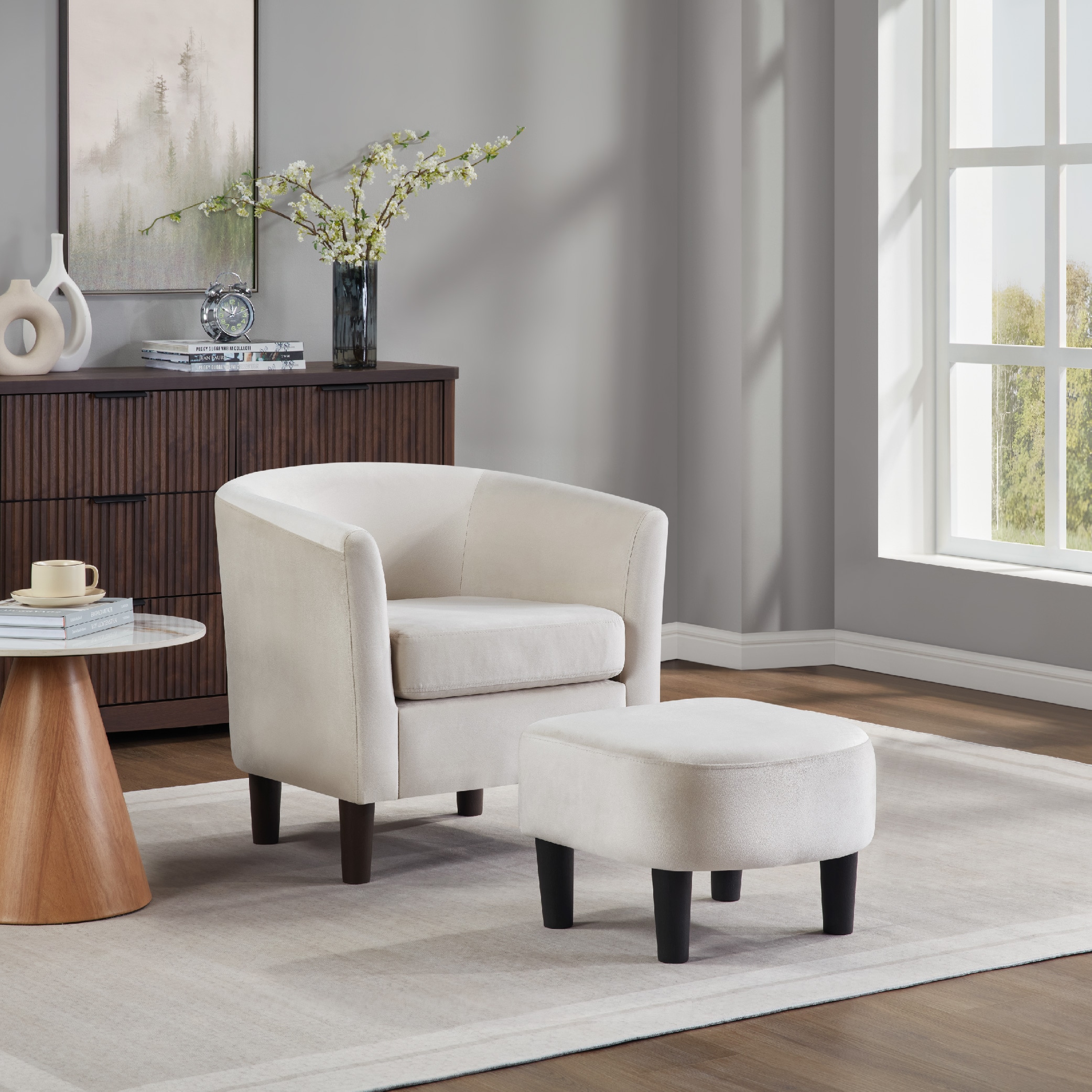 Velvet Accent Chair With Ottoman, Modern Barrel Chair Armchair For Living Room, Bedroom, White_maomaolike.com